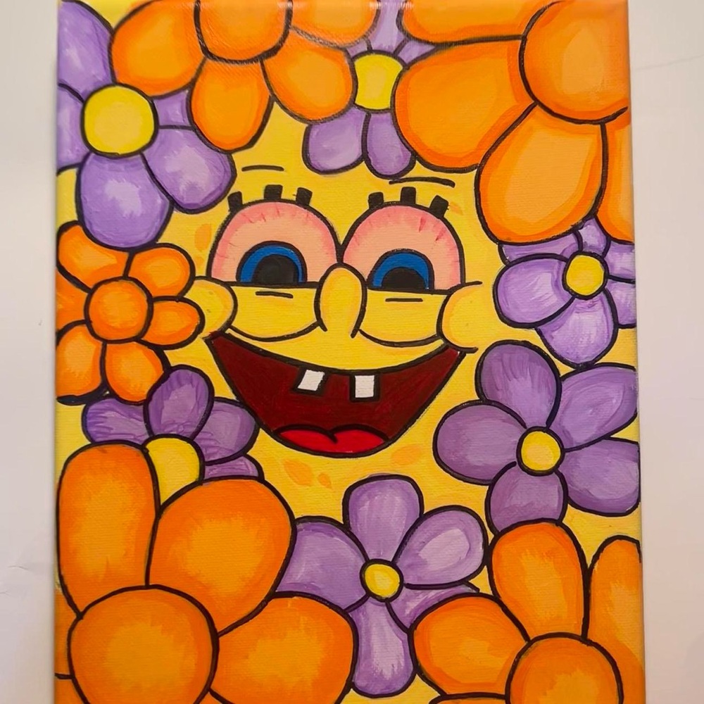 SpongeBob stoned in flowers 8x10 canvas  acrylic painting room decor 
Stoner